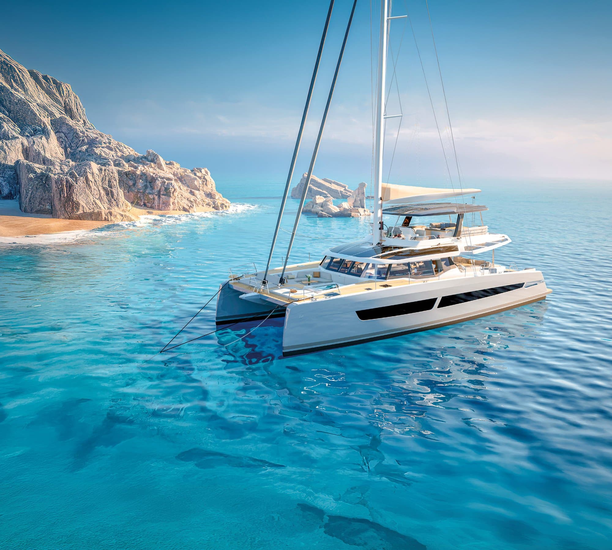 A Fountaine Pajot Alegria 67 anchored in turquoise water